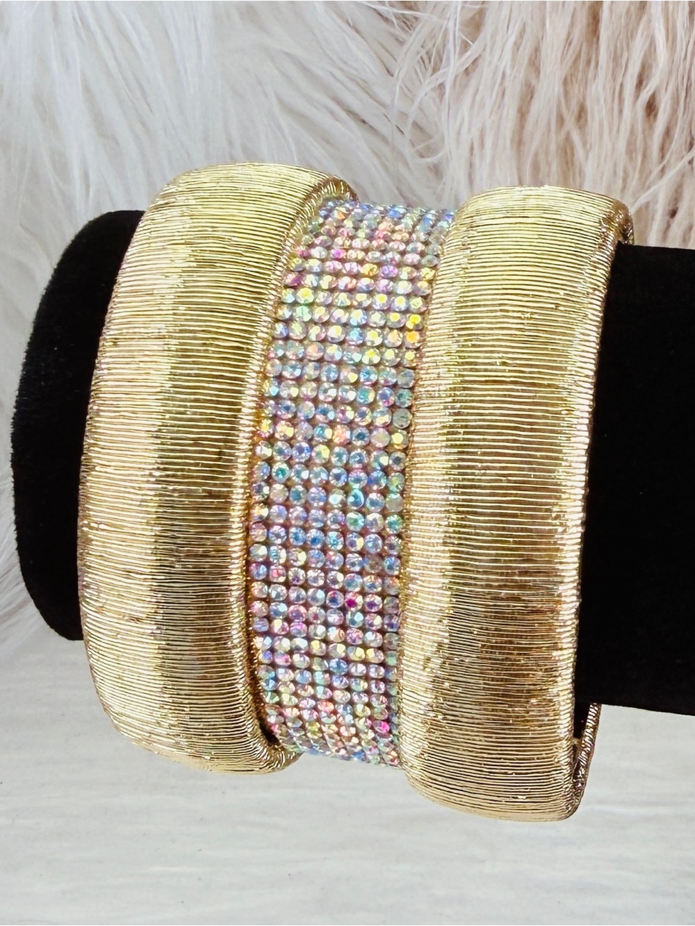 Chunky wide band, aged goldtone, iridescent cuff bracelet